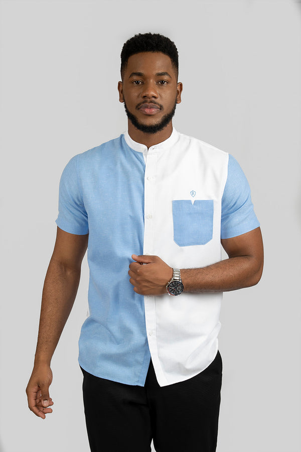 Blue & White Split Short Sleeve Shirt